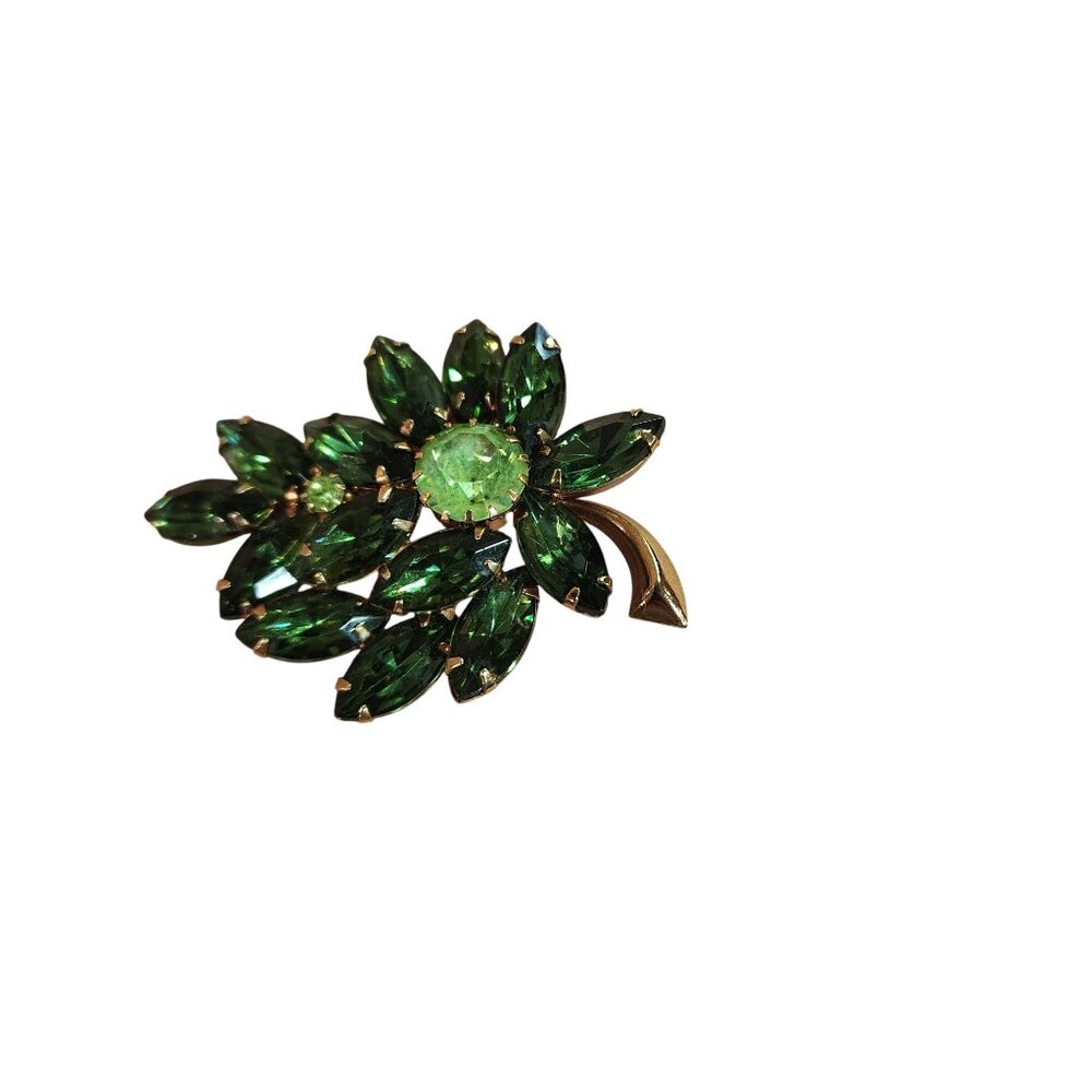Vintage Aurora Borealis Green Rhinestone Flower Brooch Pin Sparkly Jewelry Glow